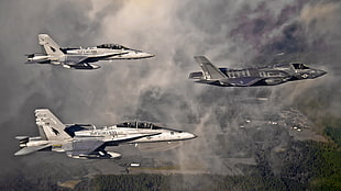 three gray fighter jets, McDonnell Douglas F/A-18 Hornet, Lockheed Martin F-35 Lightning II, military aircraft, aircraft HD wallpaper