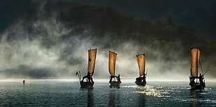 four white sail boats, nature, landscape, boat, mist