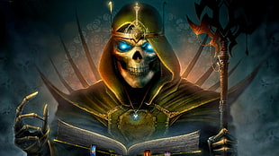 skeleton holding book 3D wallpaper, Heroes of Might and Magic, fantasy art, death