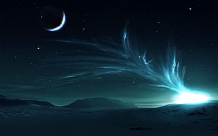 crescent moon over frozen tundra digital wallpaper, space, space art, landscape, night