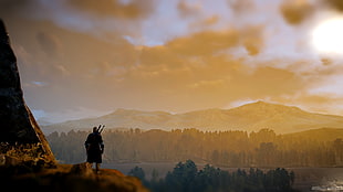warrior standing on cliff digital wallpaper, The Witcher 3: Wild Hunt, The Witcher, Geralt of Rivia, sunset