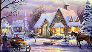 village during snow time painting