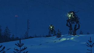 two robot illustrations, fantasy art, snow, Simon Stålenhag HD wallpaper