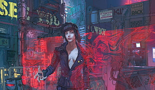 man wearing jacket standing near buildings illustration, cyberpunk, neon, pills, Klaus Wittmann