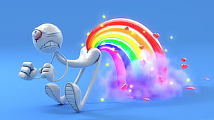 white character farting rainbow illustration, rainbows, guy's, artwork, Bleeding Eyes HD wallpaper