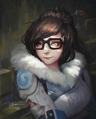 black haired female character concept art, Overwatch, Mei (Overwatch), glasses, orange eyes