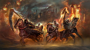 video game poster, Four Horsemen of the Apocalypse, horse, fantasy art, apocalyptic