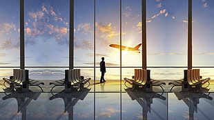 silhouette man and airplane during daytime HD wallpaper
