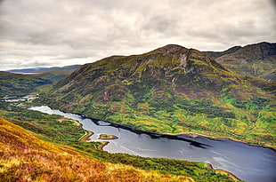aerial photography of mountain and body of water under white clouds, loch leven, leven, scotland HD wallpaper