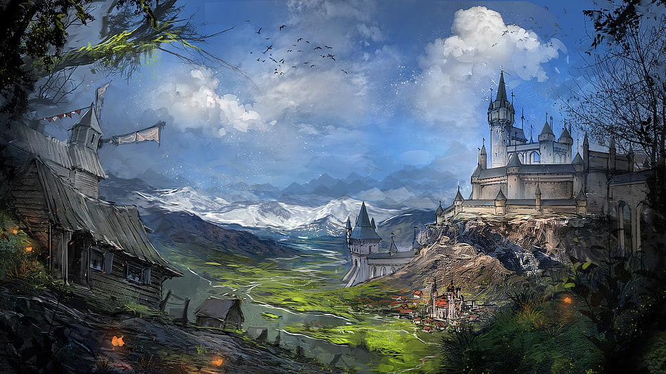 white and gray castle illustration, castle, windmill HD wallpaper