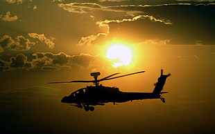 silhouette of helicopter digital wallpape, AH-64 Apache, sunset, helicopters