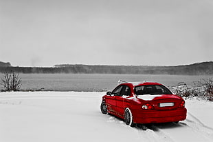 red sedan, Jaguar, winter, landscape, car