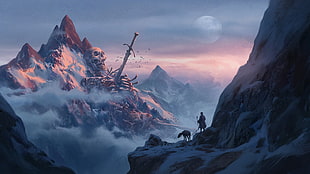 mountains, giant, sword, skeleton