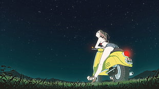 female character riding on yellow motor scooter digital wallpaper