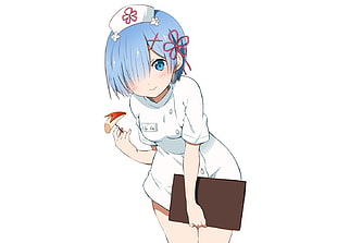 blue haired nurse anime character illustration