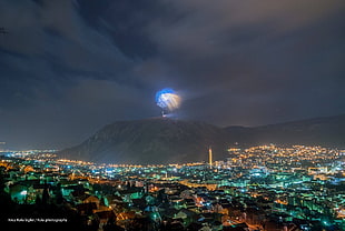 yellow and blue fireworks, Mostar, Bosnia, Bosnia and Herzegovina, night HD wallpaper