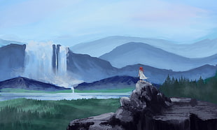 painting of female standing on boulder toward waterfalls, painting, landscape, waterfall