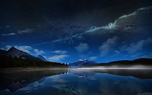 landscape photography of lake between trees, lake, night HD wallpaper