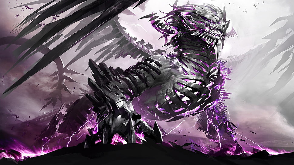 gray and pink dragon character, dragon, fantasy art, artwork HD wallpaper
