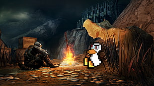 brown and black house near body of water painting, Dark Souls III, Duck Game, crossover, campfire