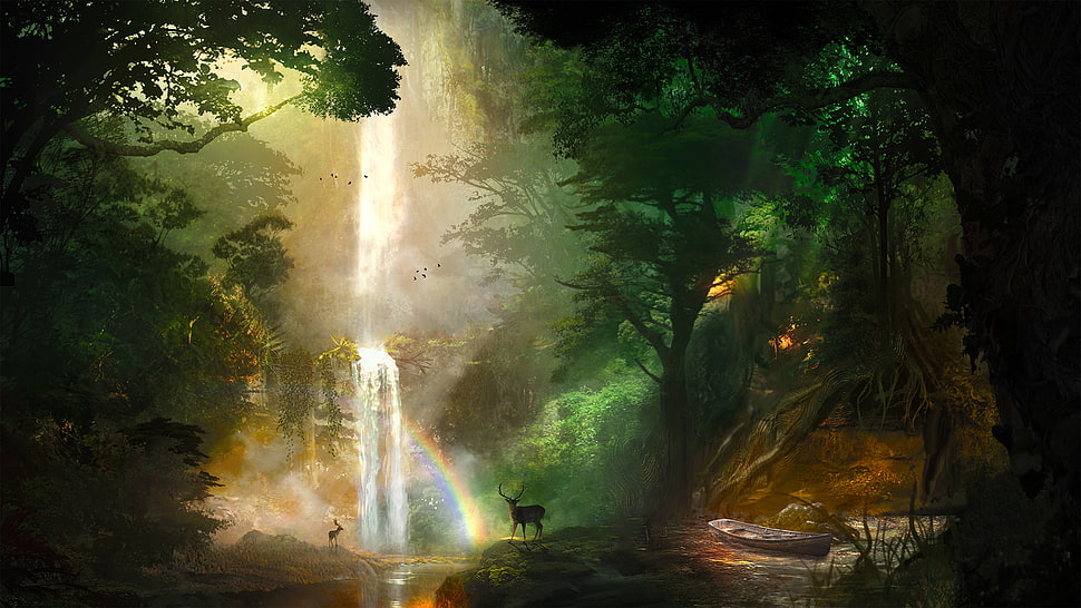 painting of waterfalls, digital art, jungle, boat, rainbows HD wallpaper