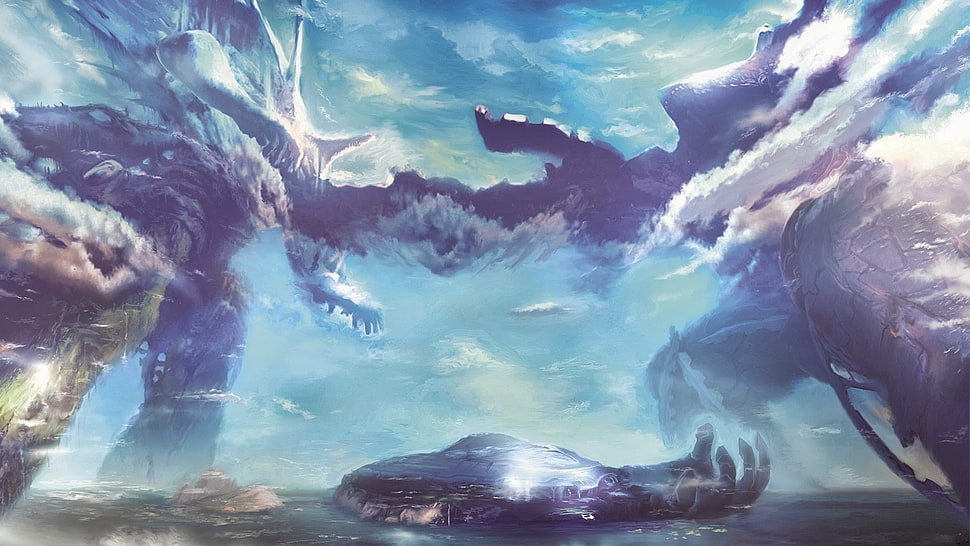 painting of spaceship, Xenoblade Chronicles, clouds, landscape, video games HD wallpaper