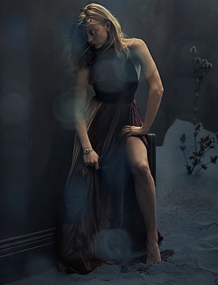 maroon sleeveless dress, Natalie Dormer , actress, blonde, hair in face