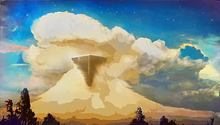 mountain with fog painting, clouds, space, landscape