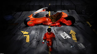 man walking toward orange sports bike digital wallpaper, Akira, motorcycle, artwork