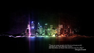 high rise buildings, city, quote, colorful, typography