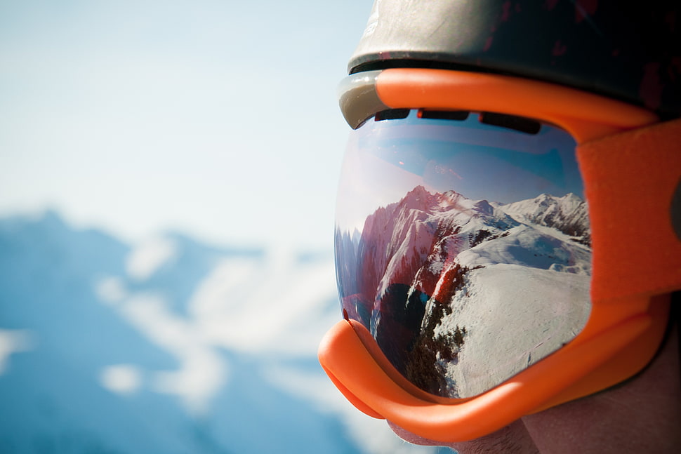 red and black corded headphones, helmet, reflection, snow, mountains HD wallpaper