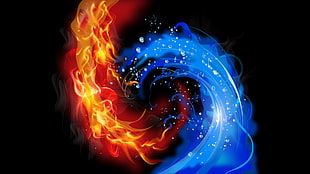 fire and ice wallpaper, abstract, black background, fire, water HD wallpaper