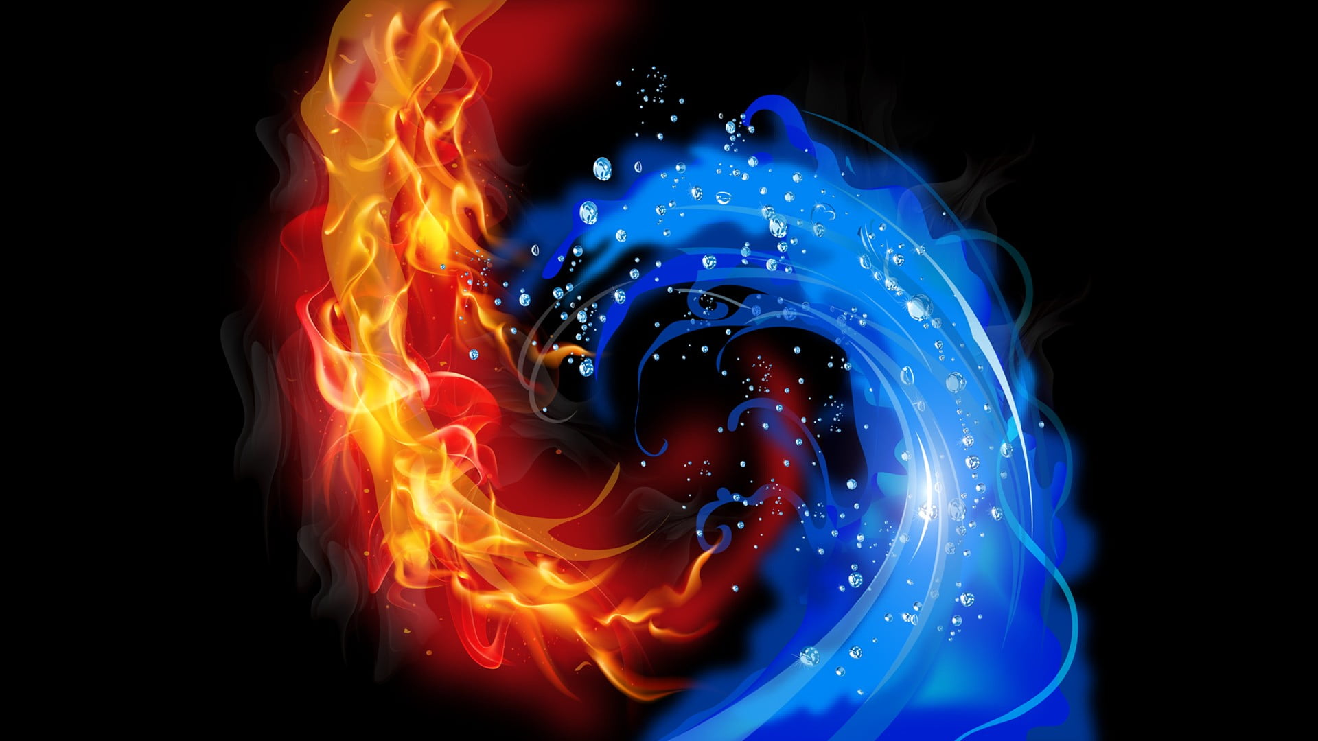 fire and ice wallpaper, abstract, black background, fire, water