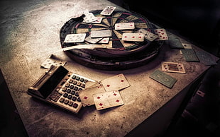white desk calculator and playing card, playing cards, old, darts HD wallpaper