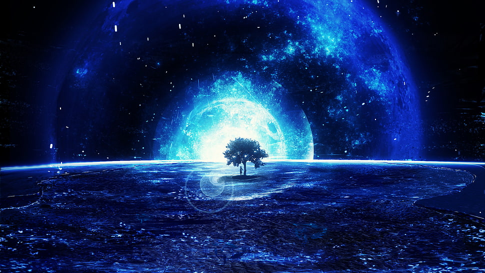 tree painting, landscape, blue, trees, Moon HD wallpaper