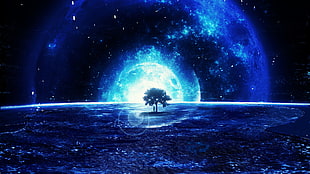tree painting, landscape, blue, trees, Moon