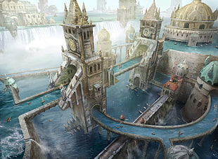 gray dome buildings illustration, fantasy city, fantasy art, artwork