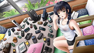 female anime in room full of phones
