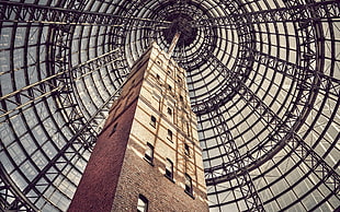 low angle photo of brown high rise building with black metal dome during daytime