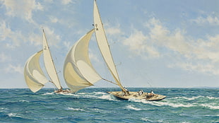 two beige sailboats, sailing ship, artwork, sea, clouds