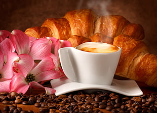 ceramic coffee mug beside bread and pink flowers HD wallpaper