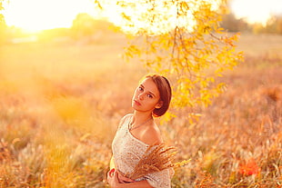 woman wears white dress below brown tree HD wallpaper