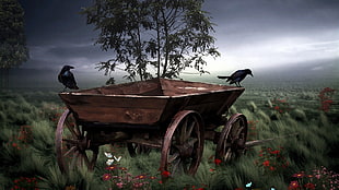 brown wooden wagon painting, fantasy art, drawing, nature, field