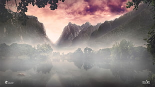 body of water, mist, landscape, mountains