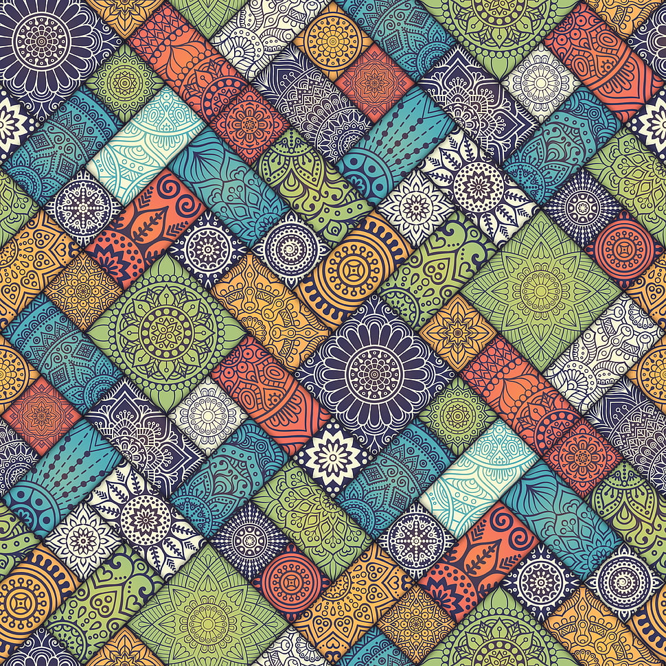blue, yellow, and red area rug, pattern, texture, mandala HD wallpaper