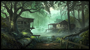 two wooden houses in forest painting HD wallpaper