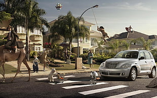 silver Chrysler PT Cruiser 5-door hatchback, digital art, urban, humor