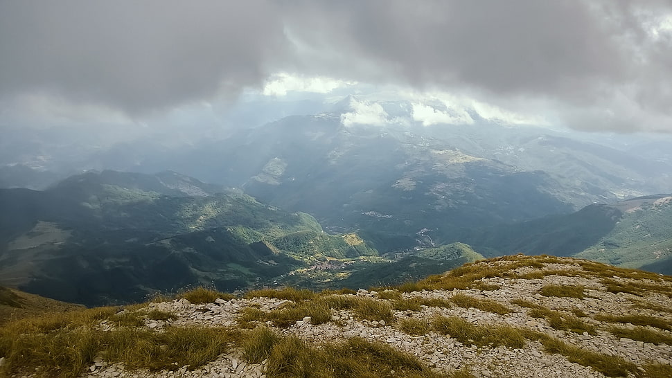 green grass, mountains, grass, clouds HD wallpaper