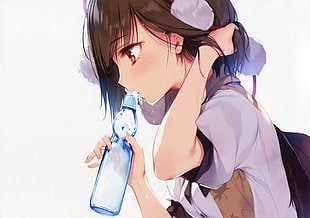 female anime character drinking water using bottle