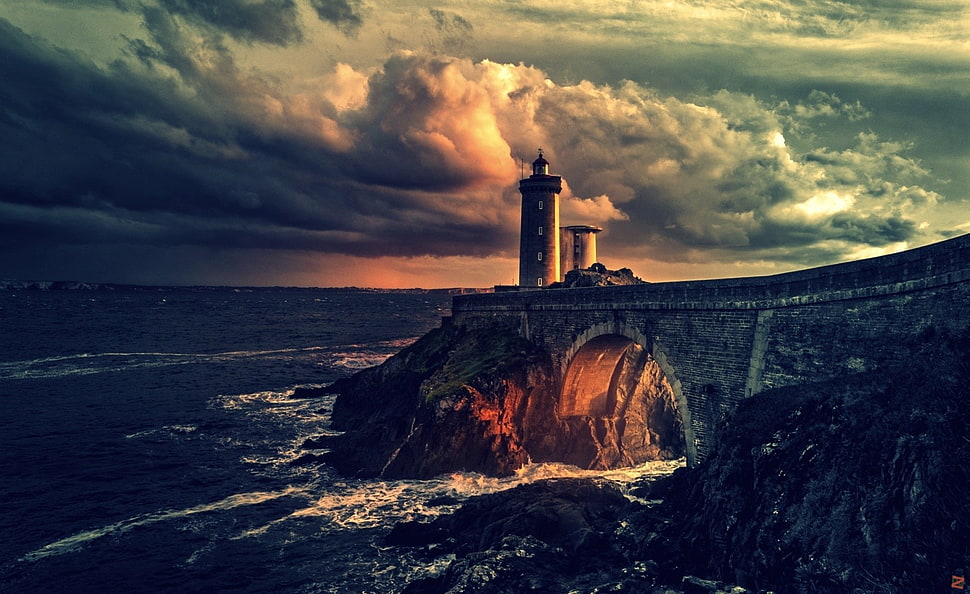 white lighthouse, sea, lighthouse, clouds, orange HD wallpaper